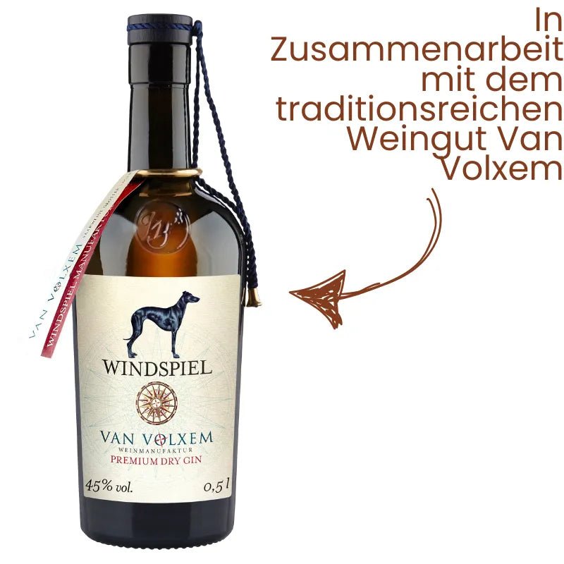 Windspiel Premium Dry Gin van Volxem mit Spruch